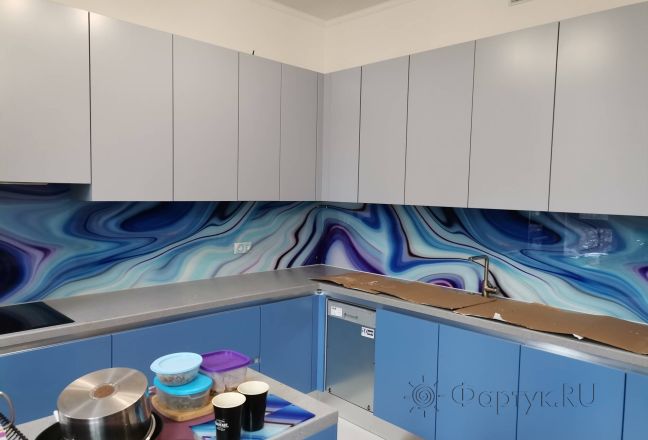 Стеклянная фото панель: абстрактные разводы, заказ #ИНУТ-12140, Синяя кухня.