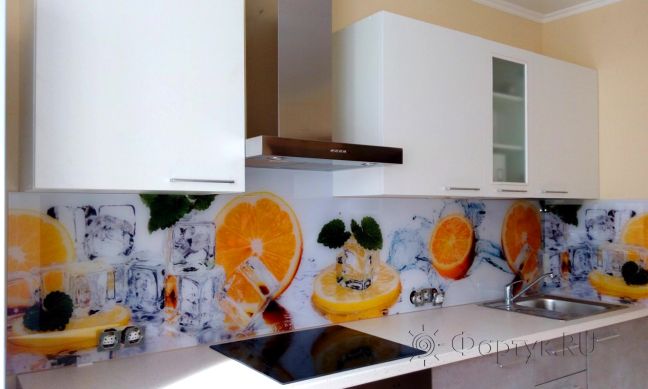Фартук для кухни фото: апельсины и лед, заказ #УТ-1031, Белая кухня.