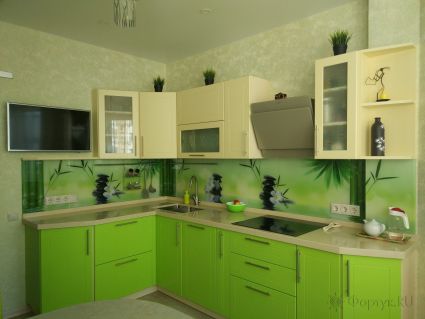 Скинали для кухни фото: белая орхидея и камни с отражением, заказ #ИНУТ-163, Зеленая кухня.
