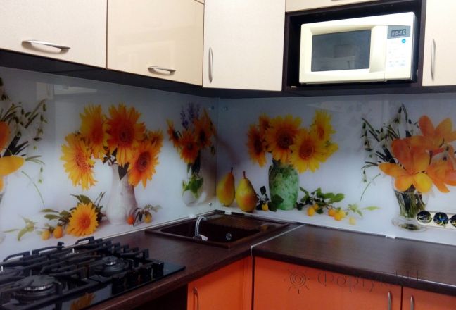 Фартук стекло фото: букеты цветов, заказ #ГМ-008, Оранжевая кухня. Изображение 186504