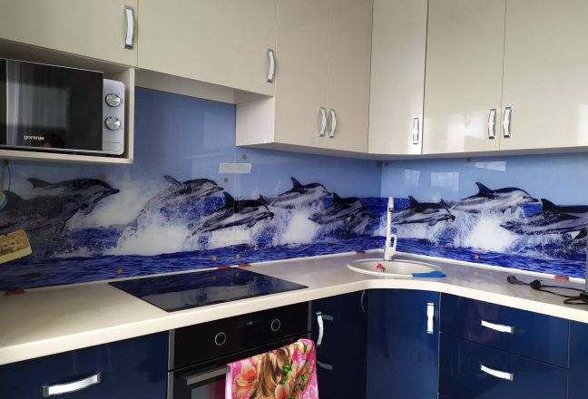 Стеклянная фото панель: дельфины, заказ #ИНУТ-6861, Синяя кухня. Изображение 272682