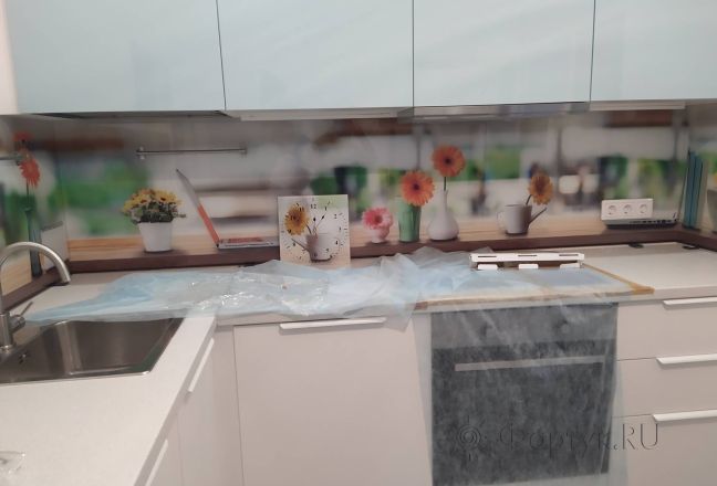 Фартук для кухни фото: герберы в вазах, заказ #ИНУТ-13989, Белая кухня. Изображение 247672