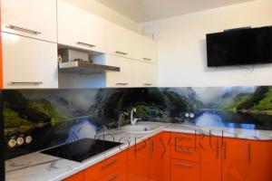 Фартук стекло фото: горное озеро, заказ #УТ-1342, Оранжевая кухня.