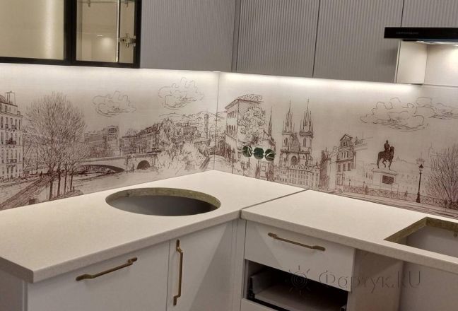 Фартук для кухни фото: городская архитектура в иллюстрациях, заказ #ИНУТ-17254, Белая кухня. Изображение 205056