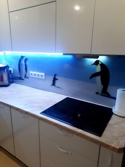 Фартук для кухни фото: императорские пингвины: антарктическая редкость, заказ #КРУТ-2566, Белая кухня.