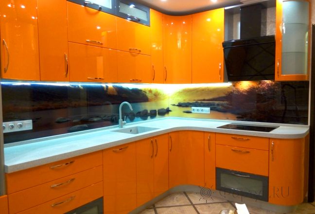 Фартук стекло фото: камни у горной реки, заказ #УТ-428, Оранжевая кухня. Изображение 81750