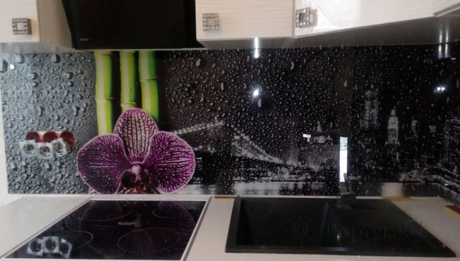 Скинали фото: капли дождя и орхидея, заказ #ИНУТ-3108, Черная кухня.