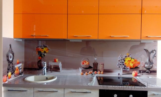 Фартук стекло фото: коллаж, заказ #ГМУТ-159, Оранжевая кухня.