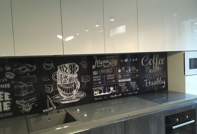 Стеновая панель фото: коллаж &quot;время для кофе&quot;, заказ #КРУТ-273, Серая кухня. Изображение 181916