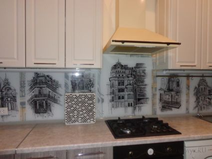 Фартук для кухни фото: коллаж рисованные дома, заказ #КР-022, Белая кухня.