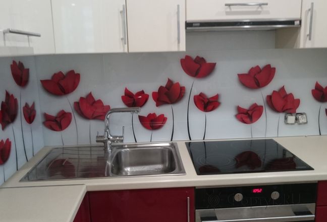 Скинали фото: красные 3d цветы, заказ #УТ-1707, Красная кухня. Изображение 111896
