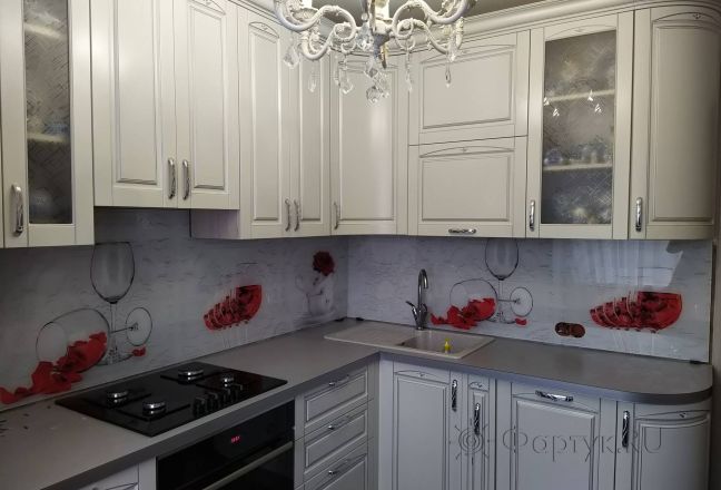 Фартук для кухни фото: красные розы, фужеры, заказ #ИНУТ-6382, Белая кухня. Изображение 249306