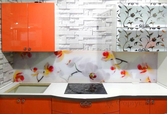 Фартук стекло фото: крупные орхидеи , заказ #S-885, Оранжевая кухня. Изображение 111352