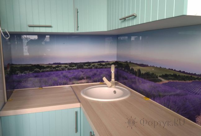 Стеклянная фото панель: лавандовое поле, заказ #ИНУТ-3655, Синяя кухня.