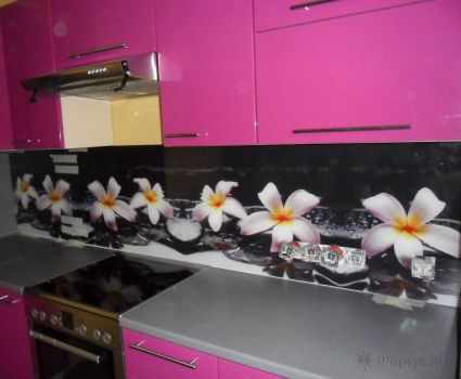 Фартук фото: лилии на камнях у воды., заказ #S-1426, Фиолетовая кухня.