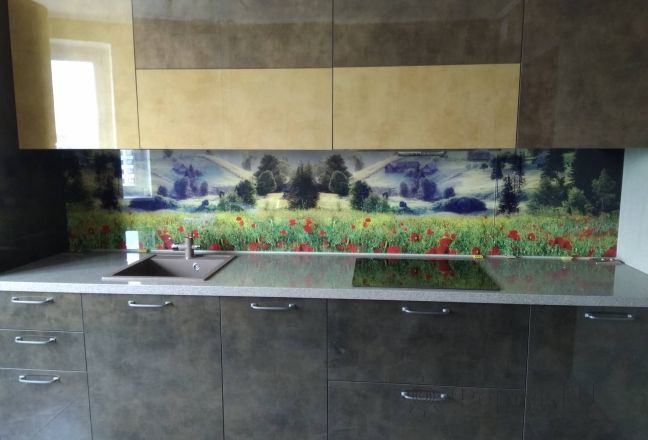 Стеновая панель фото: маковое поле у деревушки, заказ #ИНУТ-3971, Серая кухня. Изображение 185488