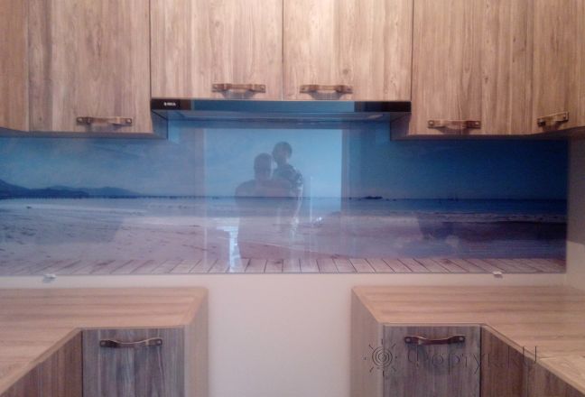 Фартук с фотопечатью фото: море и песок, заказ #ИНУТ-913, Коричневая кухня.
