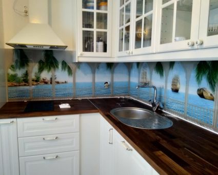 Фартук для кухни фото: морской пейзаж, заказ #ИНУТ-2696, Белая кухня.