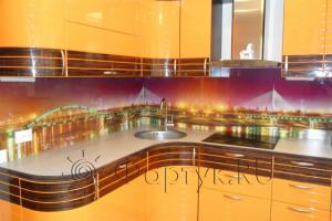 Фартук стекло фото: мост с отражающейся в воде подсветкой, заказ #S-1058, Оранжевая кухня.