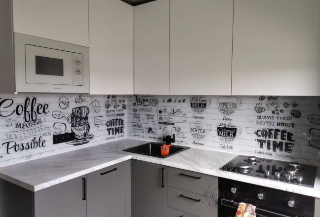 Стеновая панель фото: надписи кофе на кирпичной стене, заказ #ИНУТ-13754, Серая кухня. Изображение 334872
