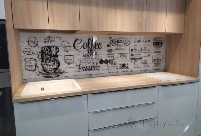 Фартук для кухни фото: надписи кофе на кирпичной стене, заказ #ИНУТ-15134, Белая кухня. Изображение 334872