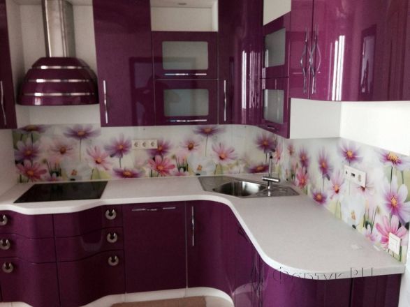 Фартук фото: нарядные фиолетовые  цветочки., заказ #S-241, Фиолетовая кухня.