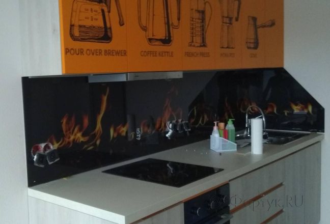 Фартук стекло фото: огонь, заказ #ИНУТ-4254, Оранжевая кухня. Изображение 184144