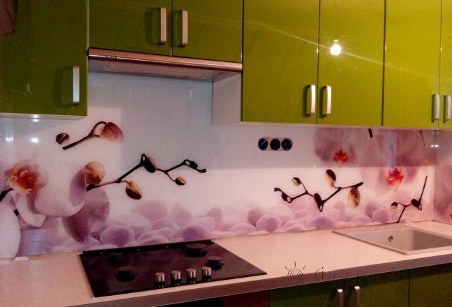 Скинали для кухни фото: орхидеи и белые камни, заказ #УТ-1076, Зеленая кухня. Изображение 186978