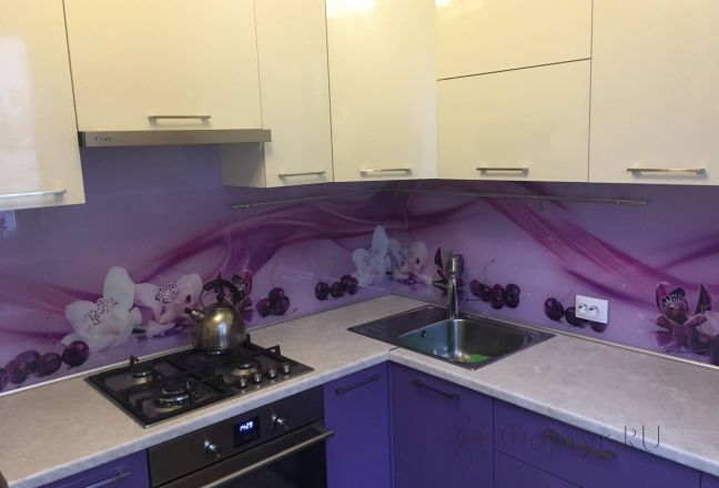 Фартук фото: орхидеи и вишня, заказ #КРУТ-1486, Фиолетовая кухня. Изображение 249062