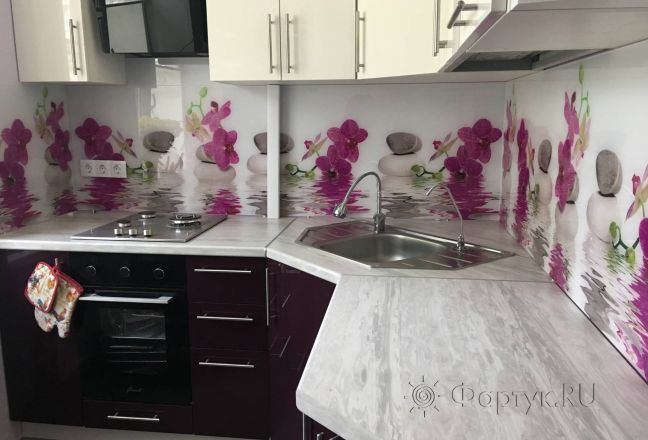 Фартук фото: орхидеи и вода , заказ #КРУТ-1476, Фиолетовая кухня. Изображение 111302