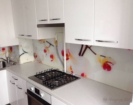Фартук для кухни фото: орхидеи на белом фоне., заказ #S-1030, Белая кухня.