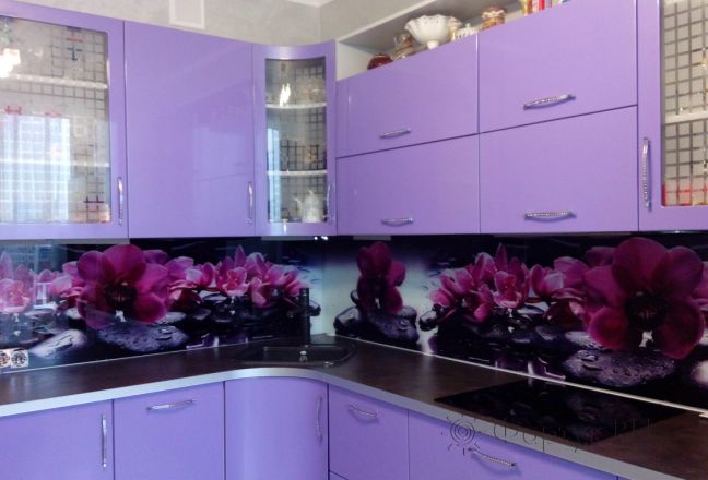 Фартук фото: орхидеи на черных камнях, заказ #УТ-1116, Фиолетовая кухня. Изображение 80456