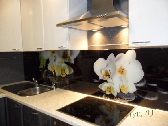 Скинали фото: орхидеи на черных камнях., заказ #УТ-228, Черная кухня.