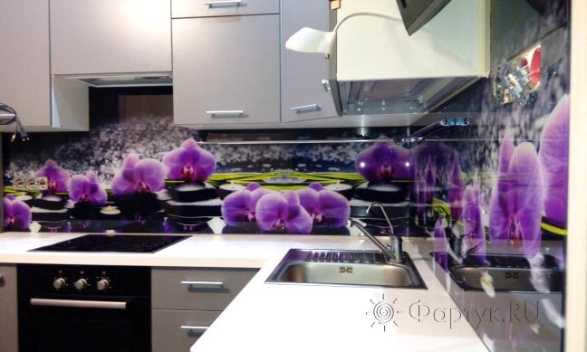 Стеновая панель фото: орхидеи на камнях, заказ #УТ-871, Серая кухня.