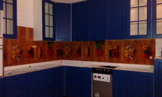 Стеклянная фото панель: овощи на доске, заказ #ИНУТ-229, Синяя кухня.