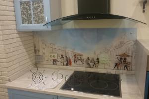 Стеклянная фото панель: париж и акварель, заказ #УТ-1353, Синяя кухня.