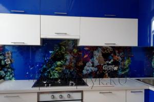 Стеклянная фото панель: подводный мир, коралловые рифы и рыбки, заказ #ИНУТ-161, Синяя кухня.