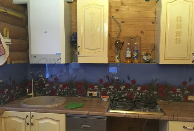 Фартук с фотопечатью фото: поле из маковых цветов и ромашек, заказ #КРУТ-500, Коричневая кухня.