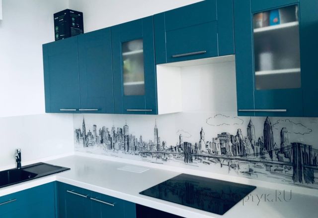 Стеклянная фото панель: рисованный бруклин, заказ #КРУТ-1564, Синяя кухня.
