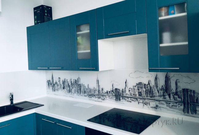 Стеклянная фото панель: рисованный бруклин, заказ #КРУТ-1564, Синяя кухня.
