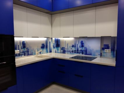 Стеклянная фото панель: рисованный город, заказ #ИНУТ-6325, Синяя кухня.