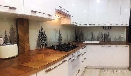 Фартук для кухни фото: рисованный лес, заказ #ИНУТ-4388, Белая кухня.