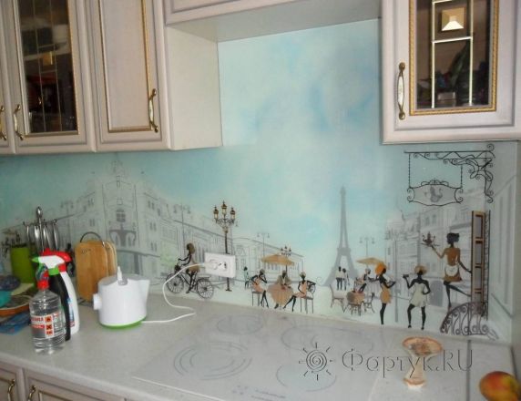 Фартук для кухни фото: рисованный париж., заказ #SN-120, Белая кухня.