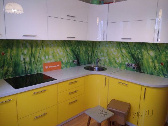 Скинали для кухни фото: роса на траве, заказ #ГМУТ-617, Желтая кухня.