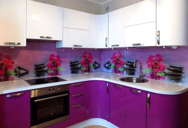 Фартук фото: розовые орхидеи с камнями, заказ #УТ-471, Фиолетовая кухня. Изображение 80578