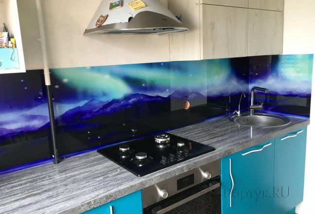 Стеклянная фото панель: северное сияние, заказ #КРУТ-2245, Синяя кухня. Изображение 246434