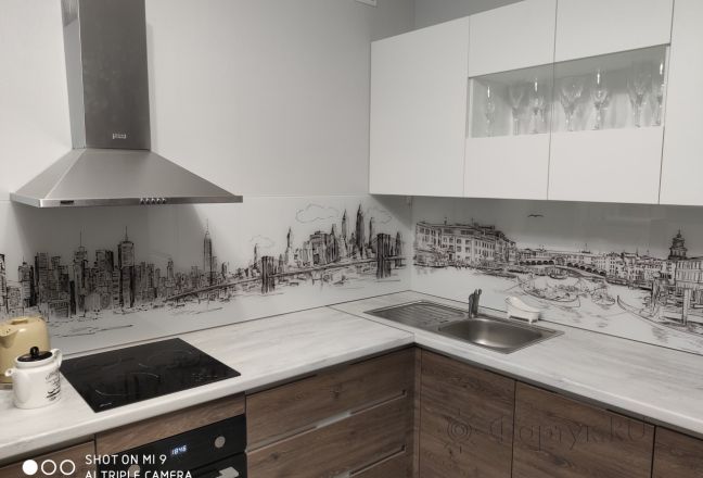 Фартук с фотопечатью фото: скинали для угловой кухни - рисованный город, заказ #ИНУТ-4542, Коричневая кухня. Изображение 214666