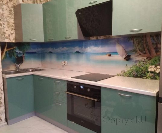 Стеклянная фото панель: тропический остров, заказ #ИНУТ-4928, Синяя кухня.