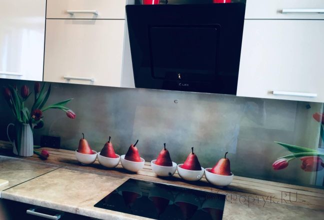 Фартук с фотопечатью фото: тюльпаны и груши, заказ #КРУТ-1566, Коричневая кухня. Изображение 198270