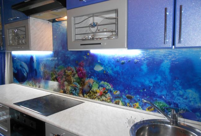 Стеклянная фото панель: водный мир, заказ #УТ-2234, Синяя кухня.